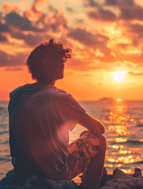 Person sitting on a rock watching the sun set over the ocean